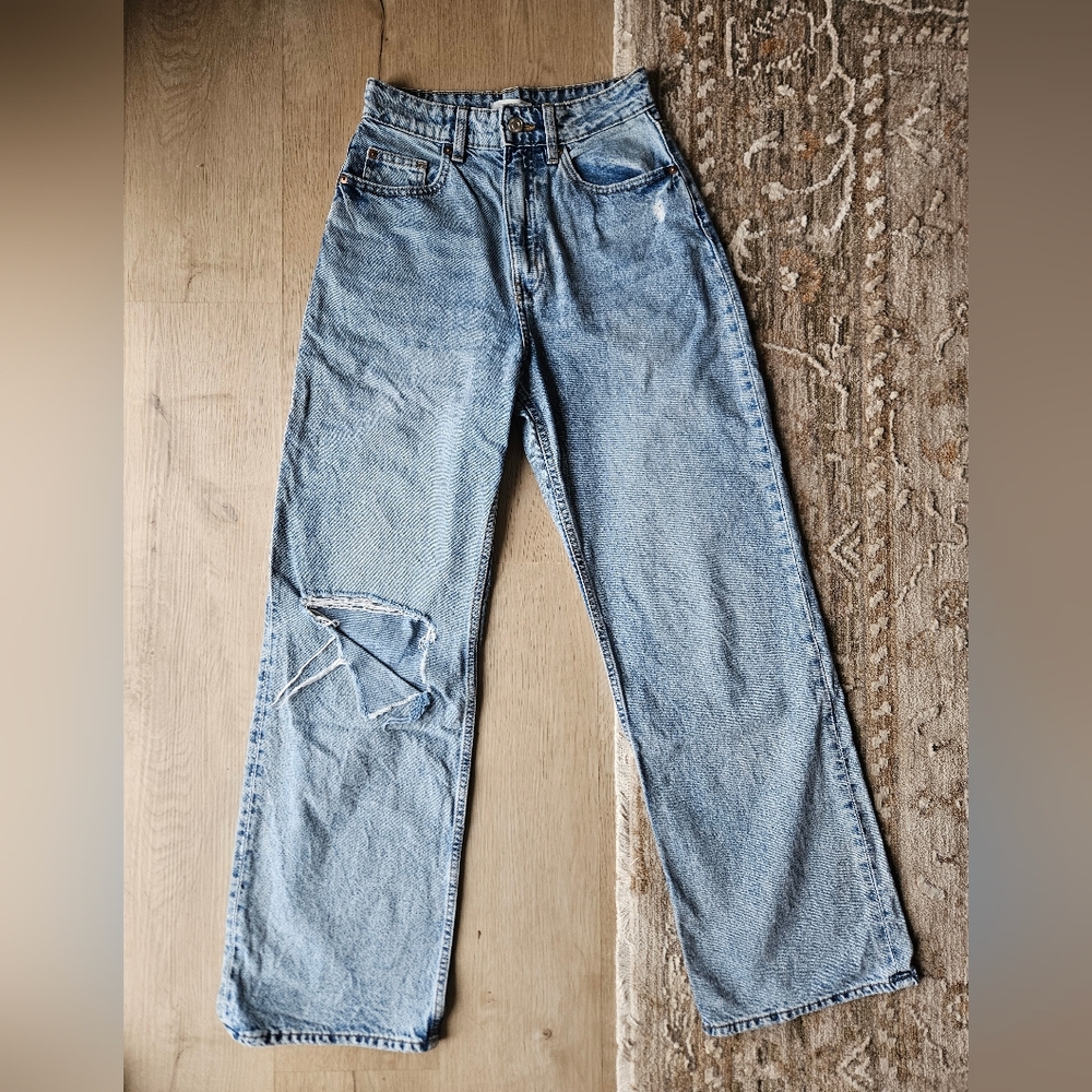 H&M Light Blue Distressed Wide Leg High Jeans